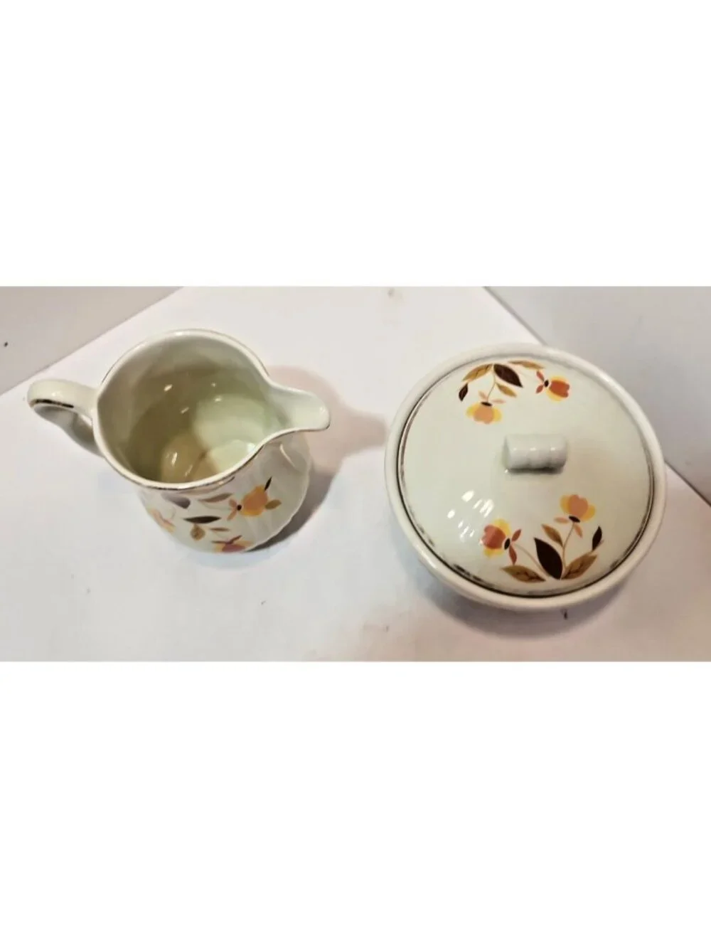 Vintage Hall's Jewel Tea Autumn Leaf Mary Dunbar Rayed Creamer Grease Bowl & Lid